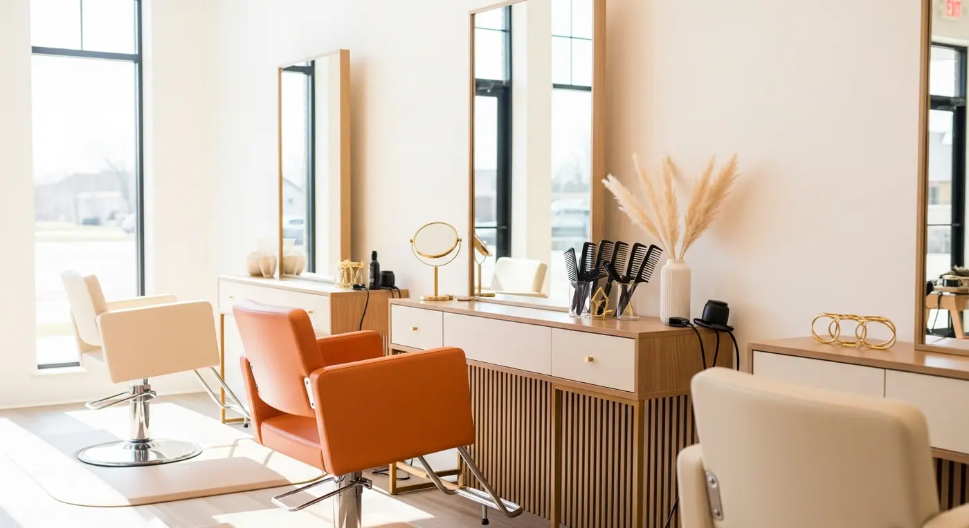 Warm, light-filled salon interior
