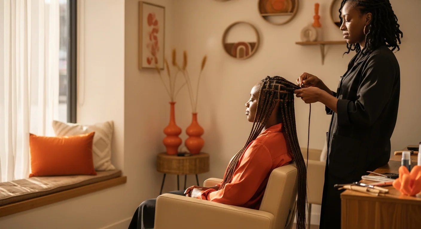 A serene braiding session in a warm, sunlit salon